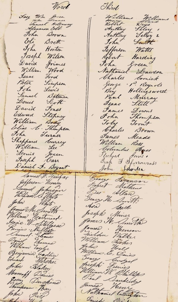 Section of the petition with the names of some of the 443 African American soldiers seeking the right to burial in the Soldiers' Cemetery at Alexandria, Virginia during the Civil War. (National Archives)