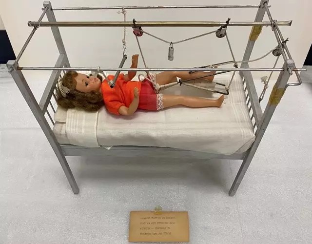 Procedure doll from the Mountain Home VAMC collection. This one shows how to use traction for a broken hip or tibia. (NVAHC)