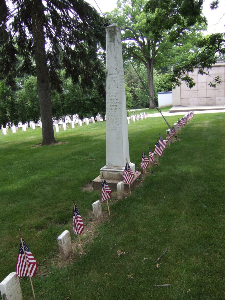 Wisconsin Soldier’s Orphans obelisk, flanked by the children’s graves. (NCA)