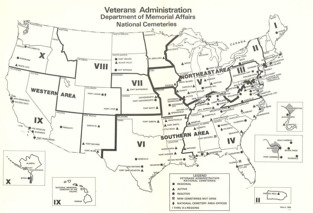 Map of the 10 standard Federal Regions, showing three NCS regional offices, and existing and proposed national cemeteries (April 1984); “regional” cemeteries are marked with a solid square. “National Cemeteries: Assessment of the Regional Cemetery Concept and Proposals for Meeting Veterans’ Future Burial Needs“ [Draft]. (NCA)