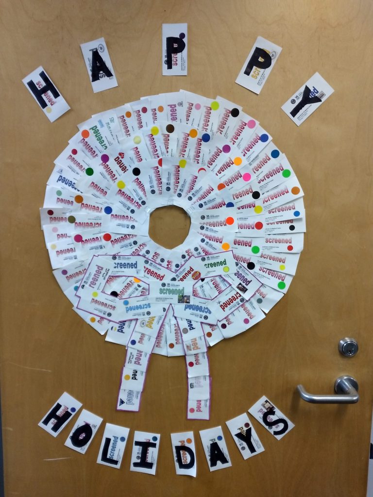Holiday wreath made from old screening slips, representing each work day on-site in 2020. (VA photo)