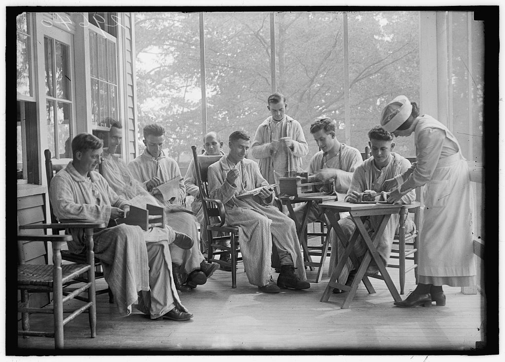 Convalescing soldiers performing needlework as occupational therapy at Walter Reed Army Hospital, Washington, D.C., c.1918. (Library of Congress)