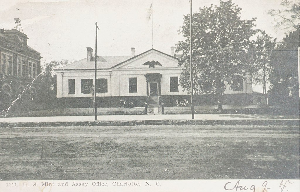 The Charlotte Mint and Assay Building, as seen in a 1907 postcard. In 1921, it became the site of one of the first two field offices established in North Carolina by the Veterans Bureau. 