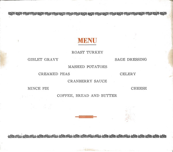 Menu from a 1930 Thanksgiving meal at Dayton. (NVAHC)