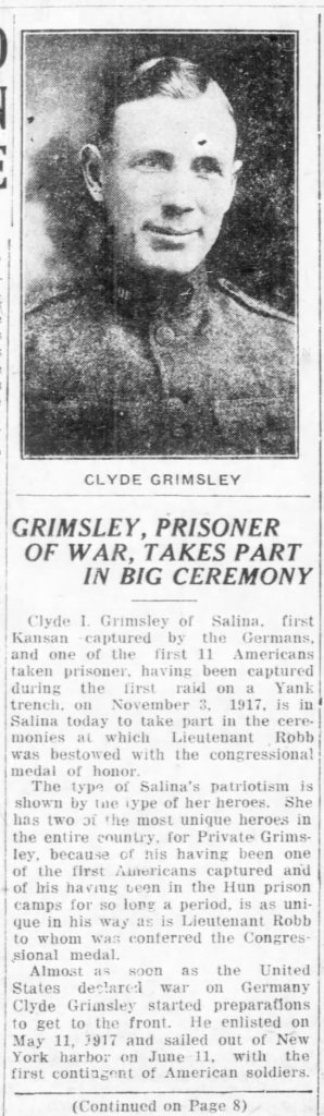 Clyde Irving Grimsley, photographed in uniform. (Newspapers.com and authored by The Salina Daily Union)
