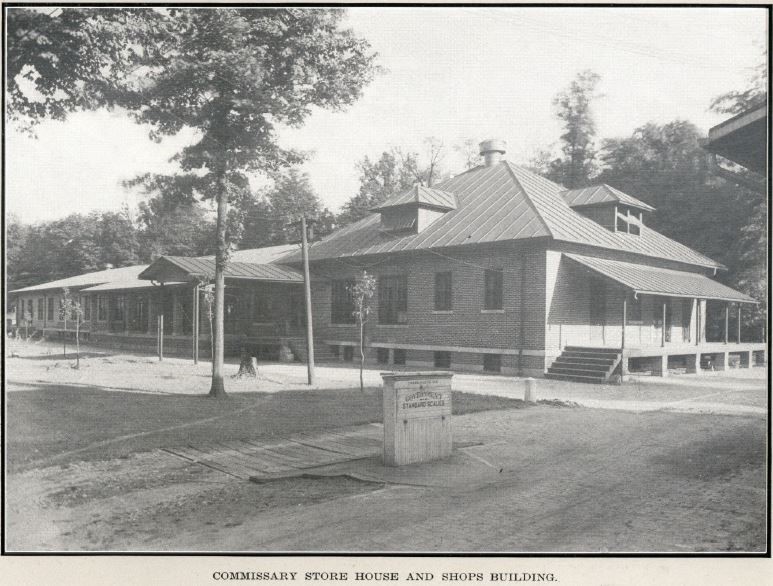 Commissaries, like this one at the Marion Branch, were a fixture at National Home for Disabled Volunteer Soldier campuses. One story structure, brick build with metal roof and long porch. (Marion NHDVS Souvenir Booklet, 1916, VHA Collection)