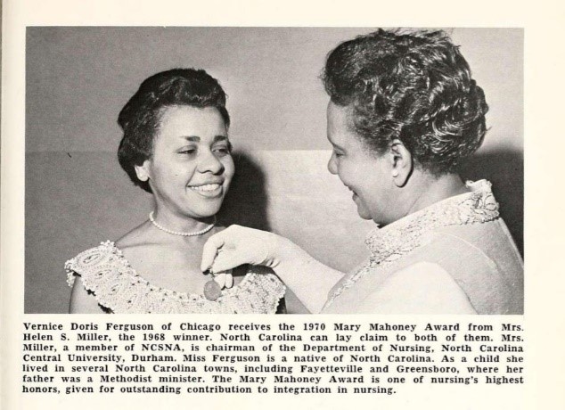 Vernice Ferguson receiving the Mary Mahoney Award, 1970. (North Carolina Nursing History Appalachian State University)