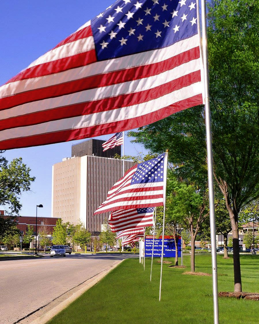 American Flags in front of a va medical center