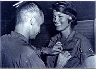 Army nurse Cammermeyer receiving a Bronze Star for her meritorious service at an evacuation hospital in Vietnam. Her story is told in the first Reflections from the Front podcast. (Cammermeyer.com)
