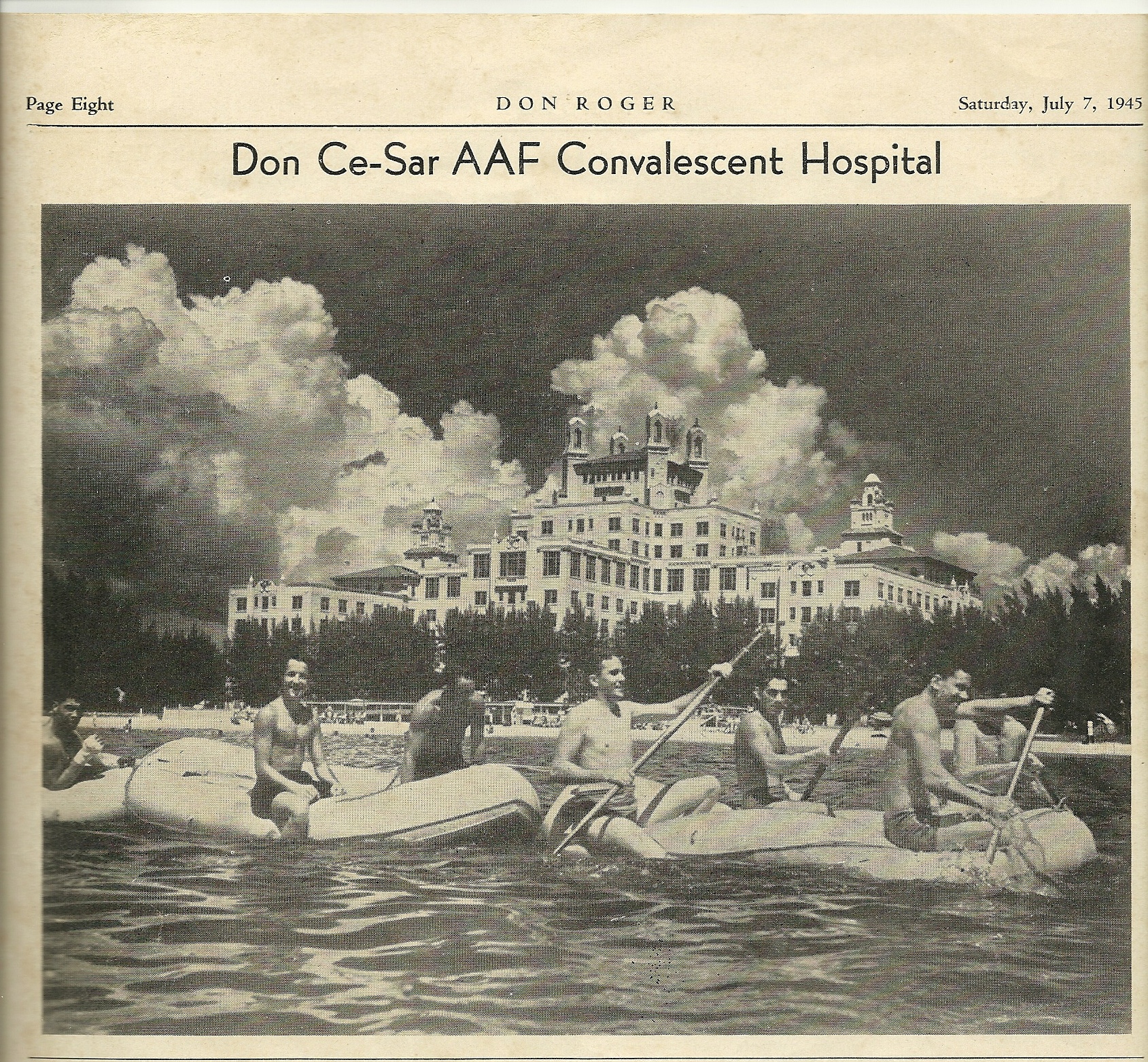Fliers paddle in the warm waters of the Gulf of Mexico while recuperating from the rigors of combat at the Don Ce-Sar’s convalescent center in 1945