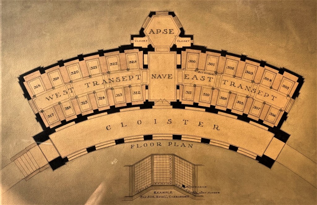 Floor plan of indoor columbarium at Los Angeles National Cemetery, c. 1940. The diagram helped visitors locate the niche holding the cremated remains of their loved one. (NCA)