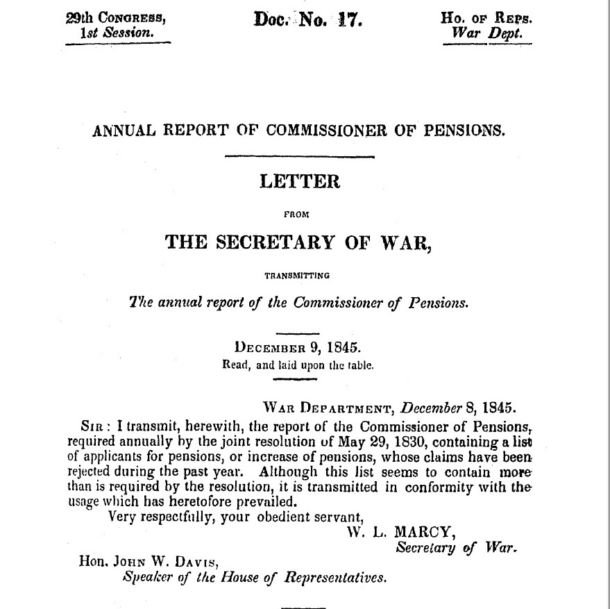 Cover page of Commissioner of Pensions 1845 annual report. The commissioner was charged by Congress with carrying out “such duties in relation to the various pension laws as may be prescribed by the President of the United States." (VA) 