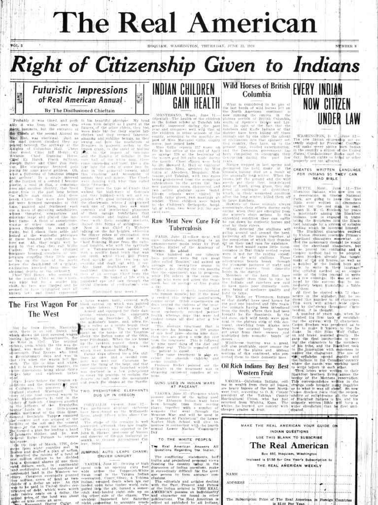 Headline from 1924 issue of The Real American, a weekly newspaper based in Washington state, announcing the new law conferring citizenship on all indigenous Americans born in the United States. (University of Washington)