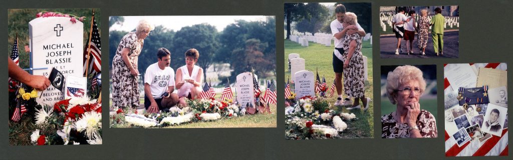 Photo collage of Blassie’s reburial at Jefferson Barracks National Cemetery, July 1998. Pictured are his mother Jean (standing), brother George, and sister Pat at the gravesite the day after committal. The collage includes a picture of Blassie's headstone, the family standing over his grave, a solo picture of his mother, the family walking together after leaving his marker, and a display of pictures and letters from Blassie.(National Archives)