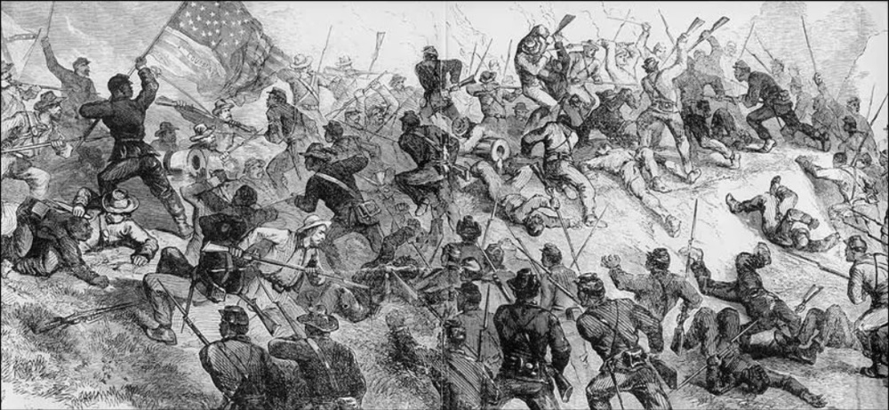 Troops from the 1st and 3rd Louisiana Native Guards, two of the first all-Black regiments in the Union Army, storm a Confederate battery during the Battle of Port Hudson on May 27, 1863. (Harper’s Weekly)
