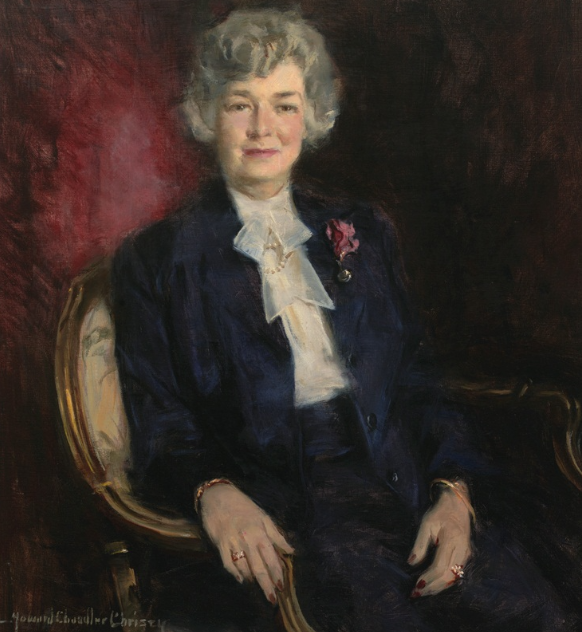 Veterans donated this portrait of Edith Rogers in 1950. Painting of Rogers sitting in a ornamental chair with a purple background. (Collection of the U.S. House of Representatives)