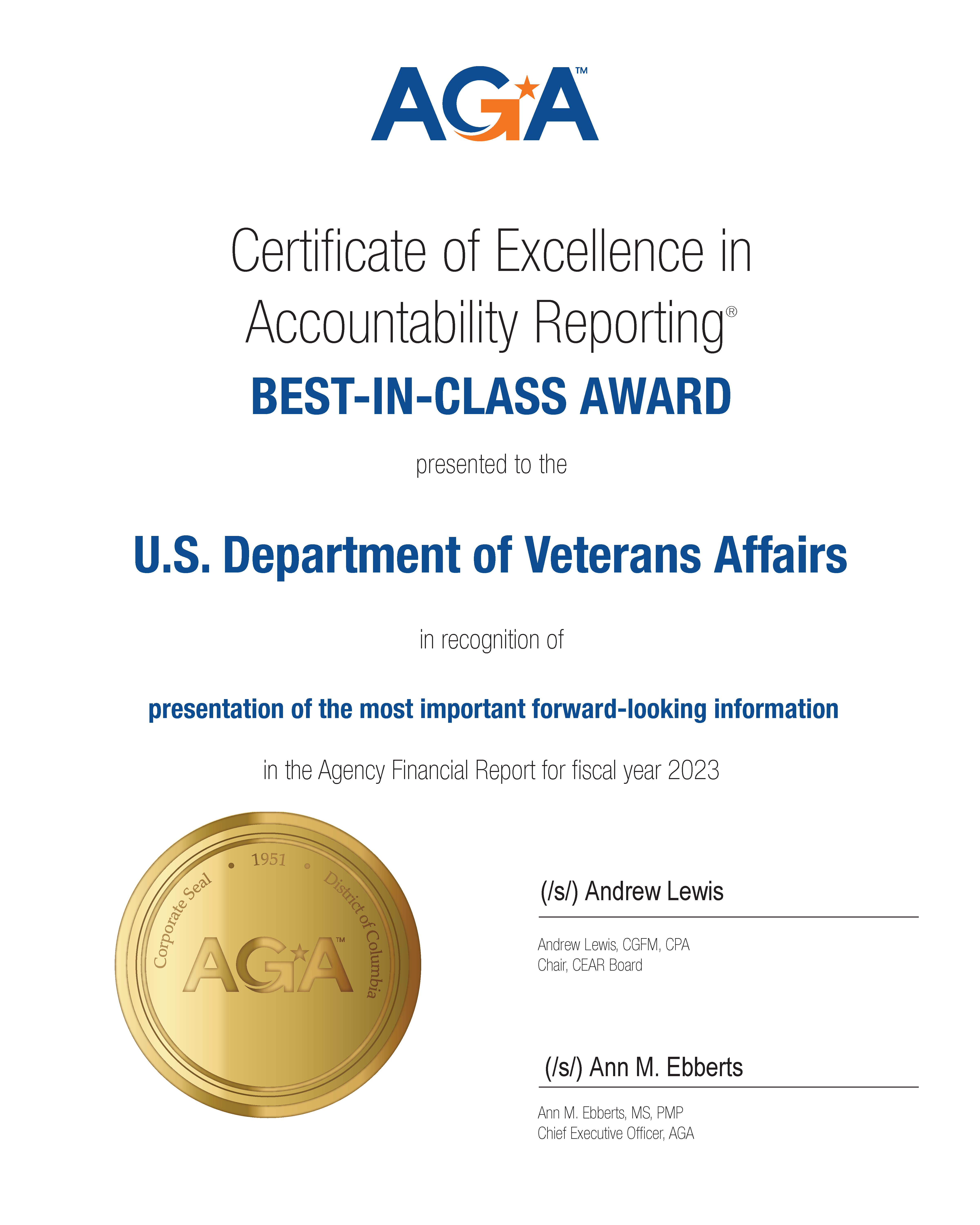 Certificate of Excellence in Accountability Reporting Best-in-Class Award presented to the U.S. Department of Veterans Affairs in recognition of presentation of the most important forward-looking information in the Agency Financial Report for fiscal year 2023 by the Association of Government Accountants