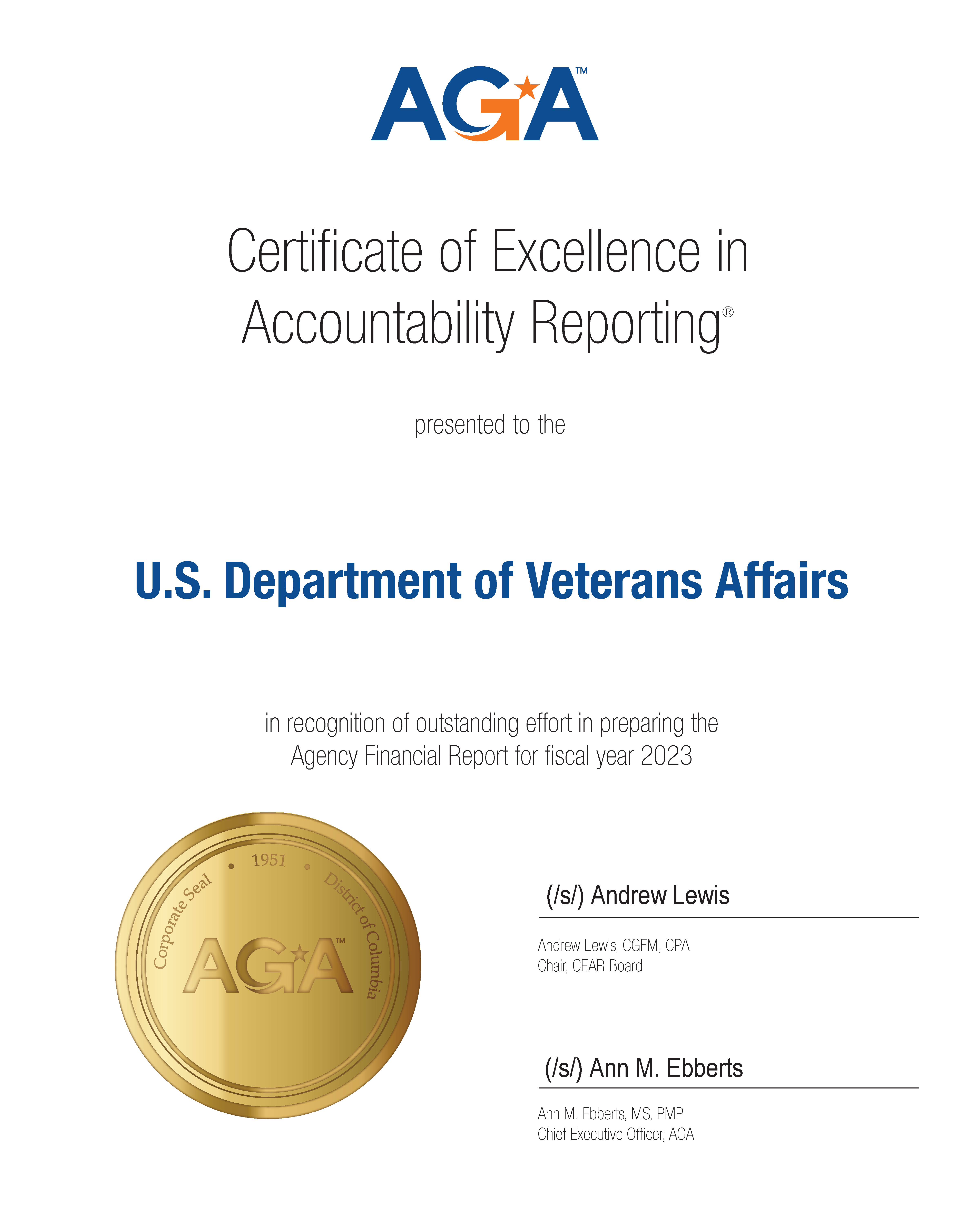 Certificate of Excellence in Accountability Reporting Award presented to the U.S. Department of Veterans Affairs in recognition of presentation of outstanding effort in preparing the Agency Financial Report for fiscal year 2023 by the Association of Government Accountants