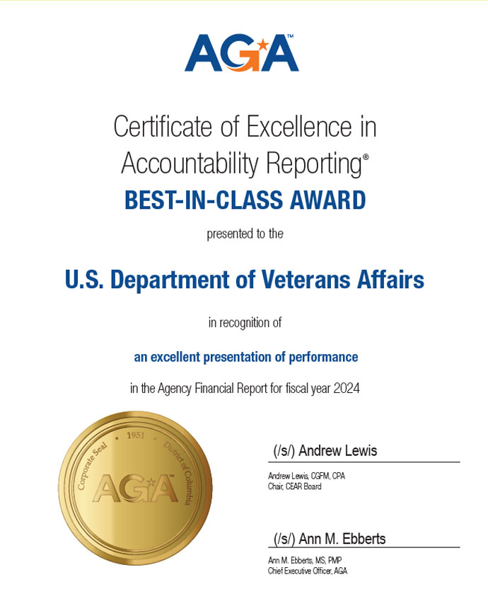 Certificate of Excellence in Accountability Reporting Best-in-Class Award presented to the U.S. Department of Veterans Affairs in recognition of presentation of the most important forward-looking information in the Agency Financial Report for fiscal year 2024 by the Association of Government Accountants